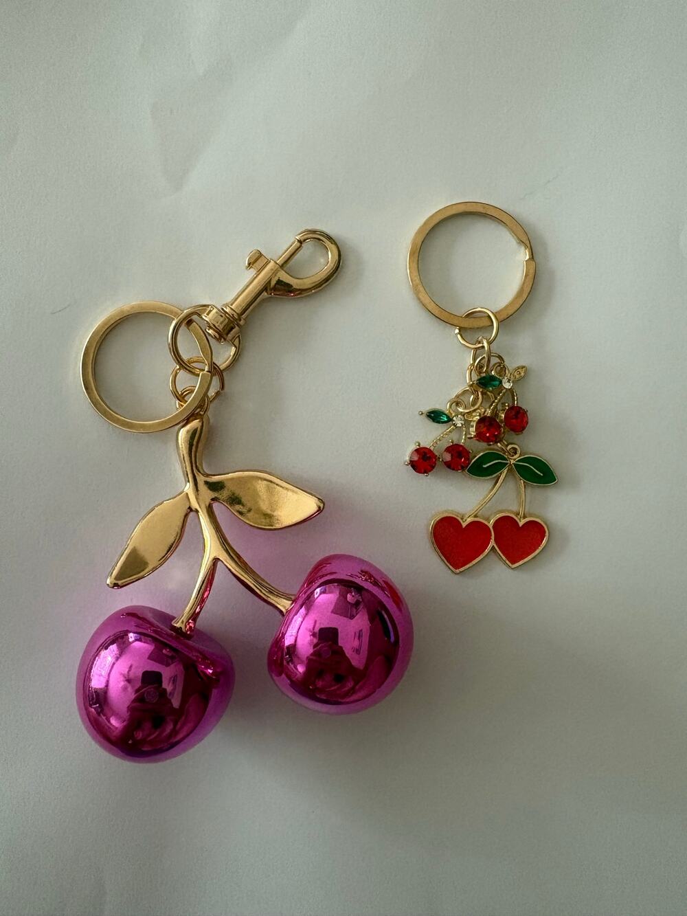 New bundle of two cherry key chain bag charms - large pink cherries & small gold